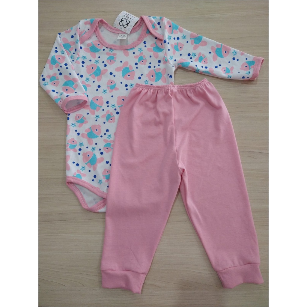Conjunto de body + calça 1 a 3 anos menina canelado Manga Longa Estampado