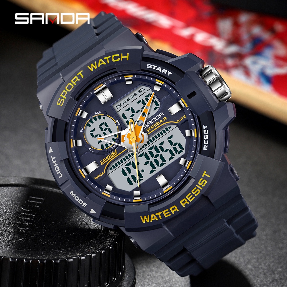 SANDA Relógio De Pulso Masculino De Quartzo Com Display Duplo Digital LED Luminoso 6025-3