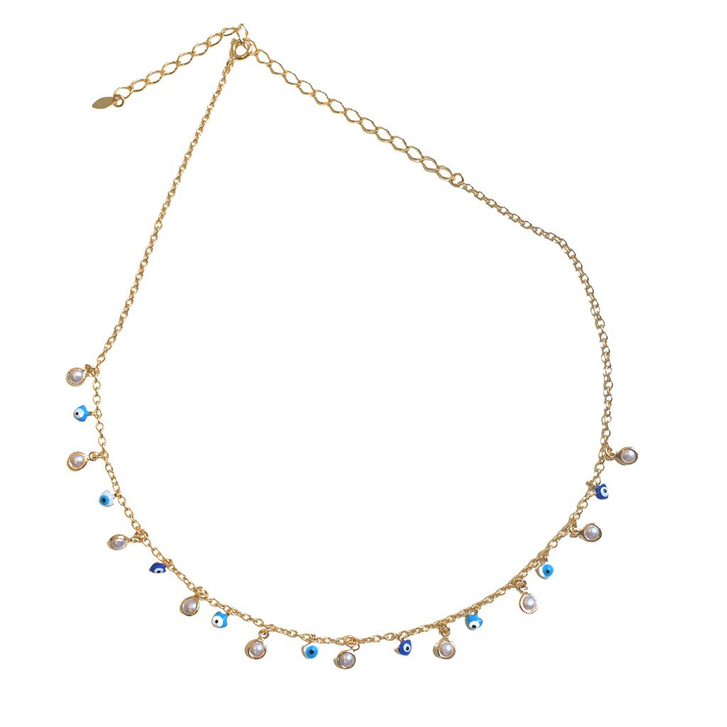 Colar Semijoia Cordão de Ouro Banhado Corrente Não é Bijuteria Colares Femininos Gargantilha Garantia Colar Chocker de Pérolas e Olho Grego
