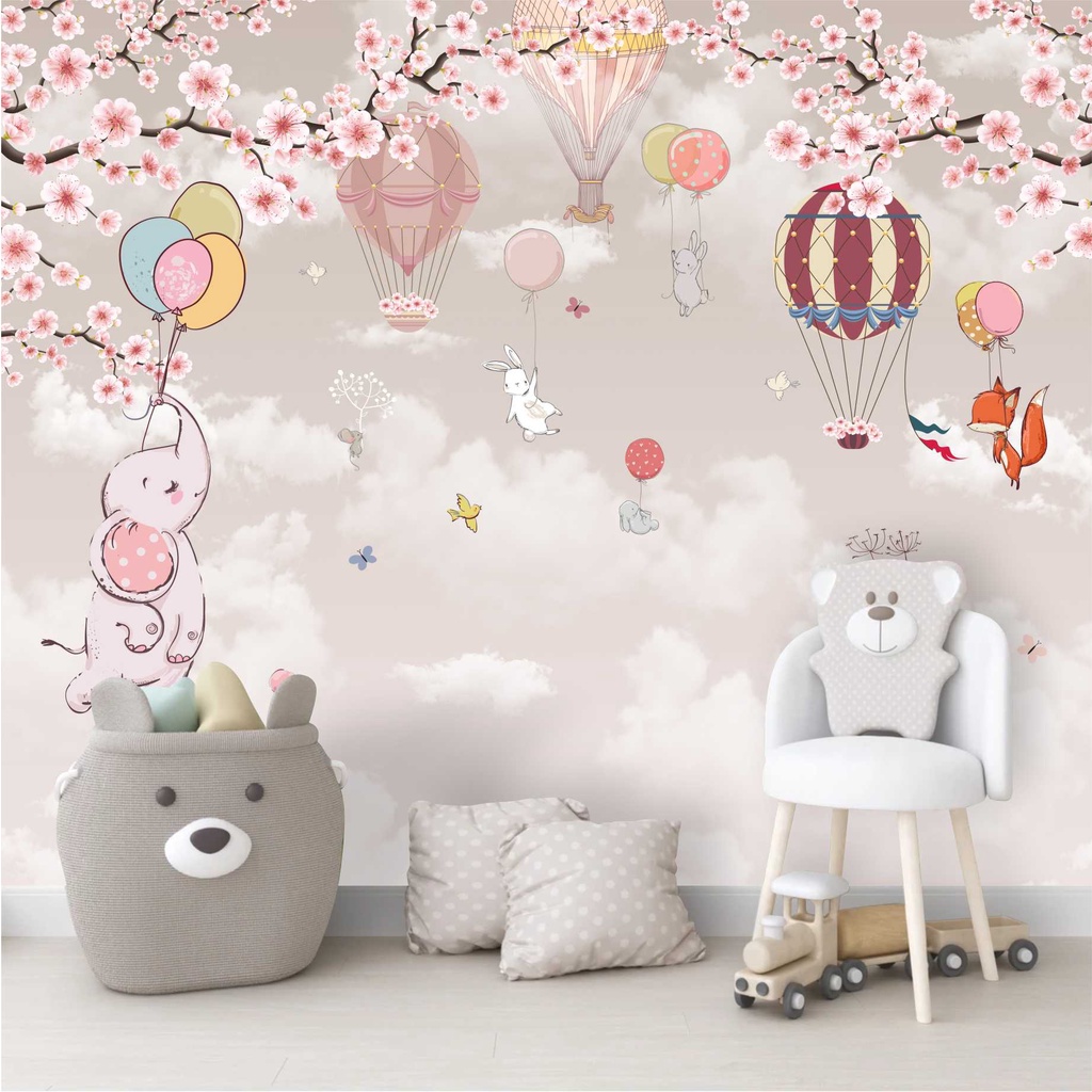 Papel De Parede Infantil Zoo Safari Balões Flor Painel Adesivo G1101