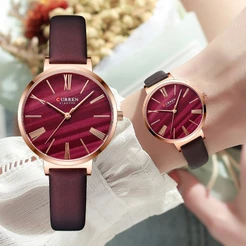 CURREN Relógio De Pulso Feminino De Quartzo À Prova D'água Com Pulseira De Couro Vermelho Casual CR76LX