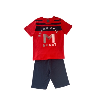 Conjunto Infantil Brandili Mundi Camiseta “Grand Prix” Vermelha + Bermuda Azul