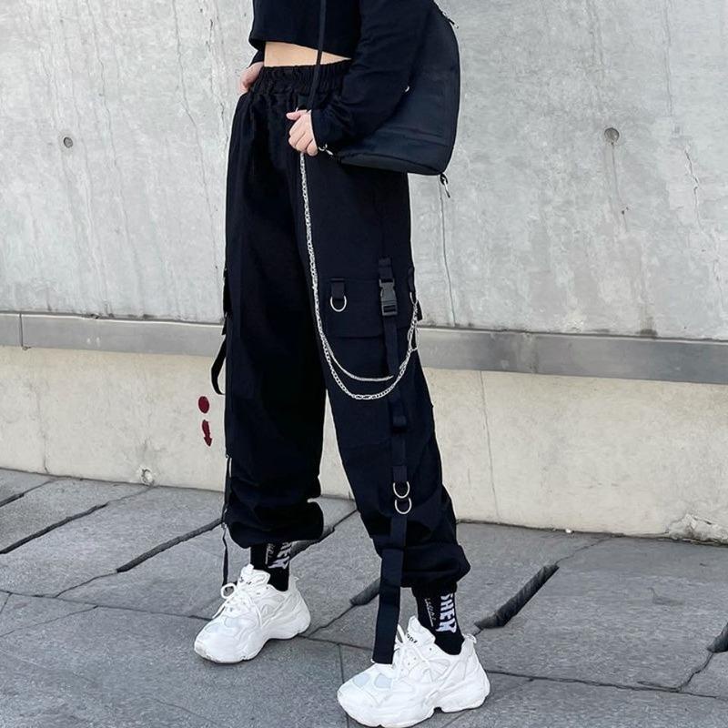 Calça Feminina Preta Estilo Harajuku Com Corrente Calça Jogger Calça Cargo