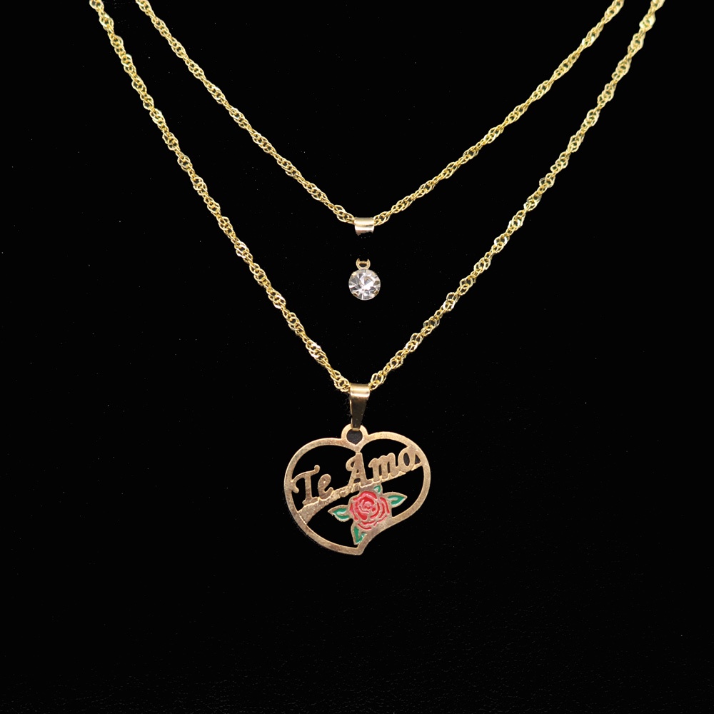 colar gargantilha duplo 2 camadas de folheado a ouro pingente te amo coração flor com ponto de luz zircônia feminino mulher luxo