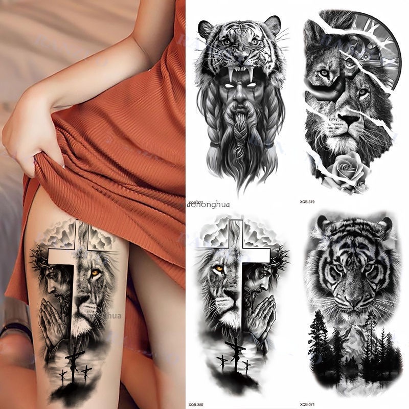 Waterproof Temporary Tattoo Sticker Big Tiger Lion male lion tiger animal fake  henna | Shopee Brasil
