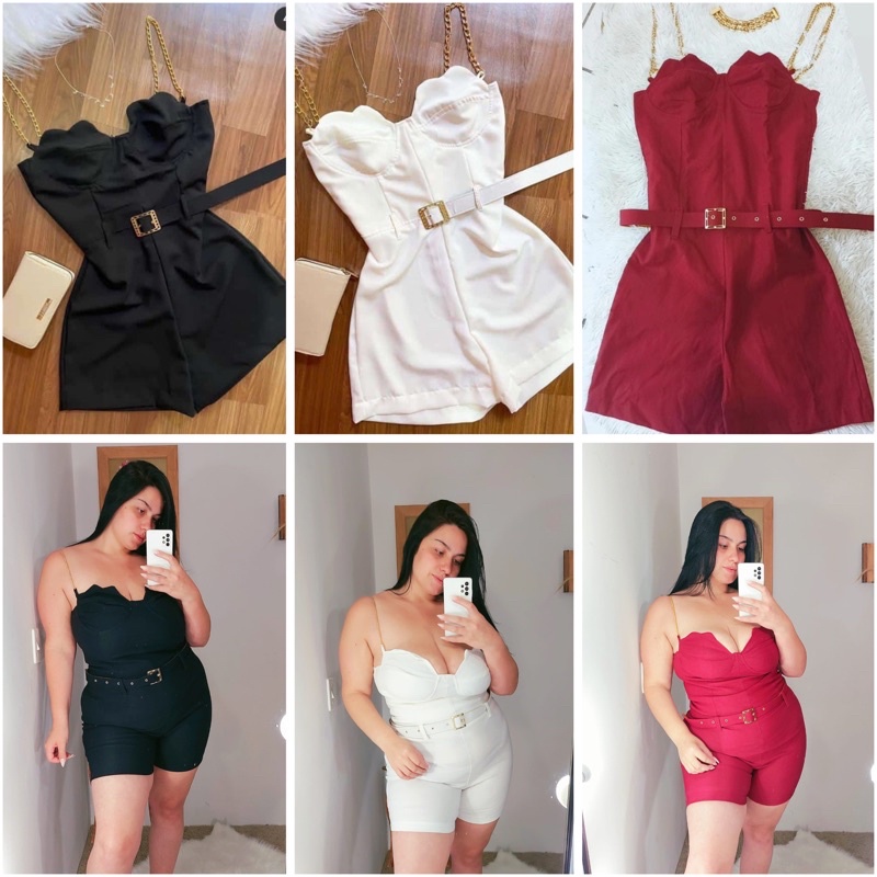 macaquinho com correntes cinto plus size - Do 44 ao 50 - moda gordinha natal ano novo balada macacão Bengaline 46 48