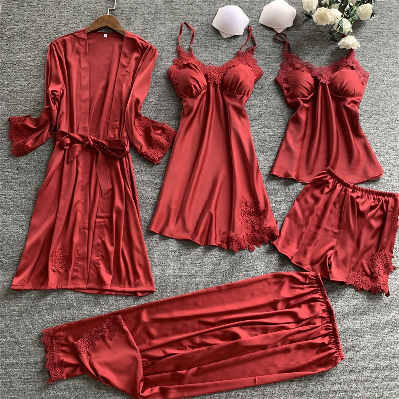 5 Pçs Conjunto De Pijama Feminino De Cetim Flexível Com Renda Shopee Brasil 6998