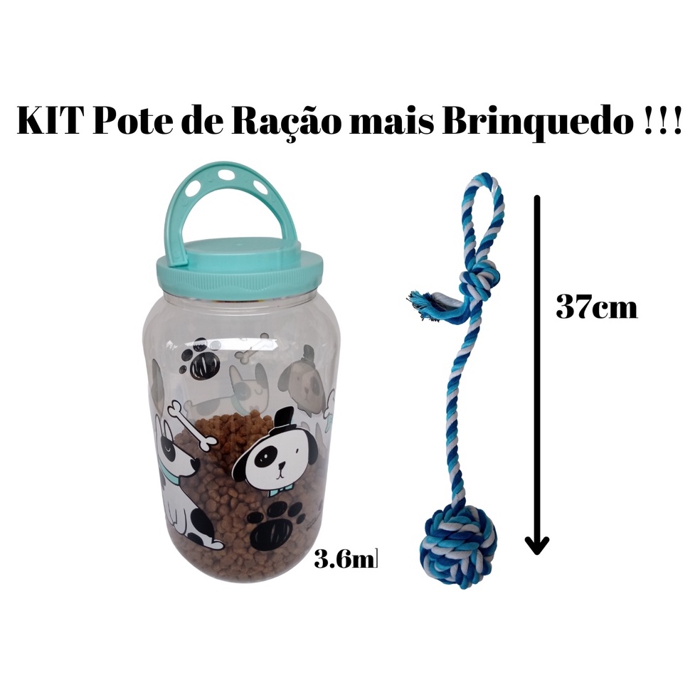 KIT Pote Porta Ração 3.6 Tampa com Rosca e Alça + Brinquedo Cordão Cabo de Guerra na cor  Azul e Branco – Original para Cães e Gato p/ Armazenar Ração do seu PET.