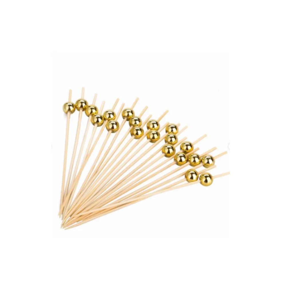 Palito em Bambu p/ petiscos com Bolinhas Douradas - 50 Unidades - 9 cm - Silver Festas