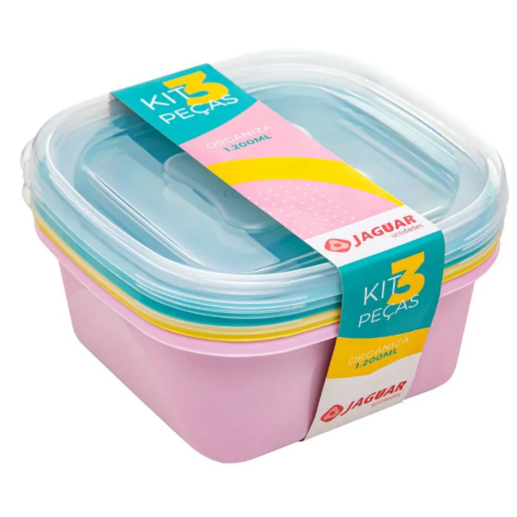 Kit Conjunto 3 Potes Plástico Vasilha Pote Tupperware Tapuer Tapouer Tapuwer Tapower Potinho com Tampa - 1200 ml - Formato quadrado