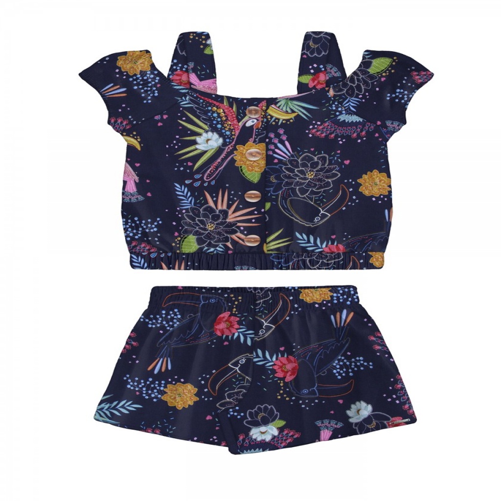 Conjunto Feminino Infantil Viscose Estampado Blusa Ciganinha E Shorts Tam 4 á 10 - Alakazoo!