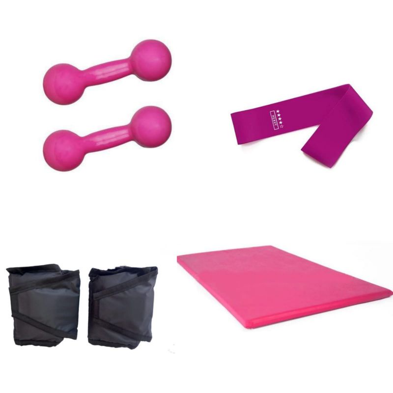 Kit Aeróbico Treino Completo Halter 3 Kg Rosa + Caneleira 4 Kg + Colchonete Rosa + Elástico