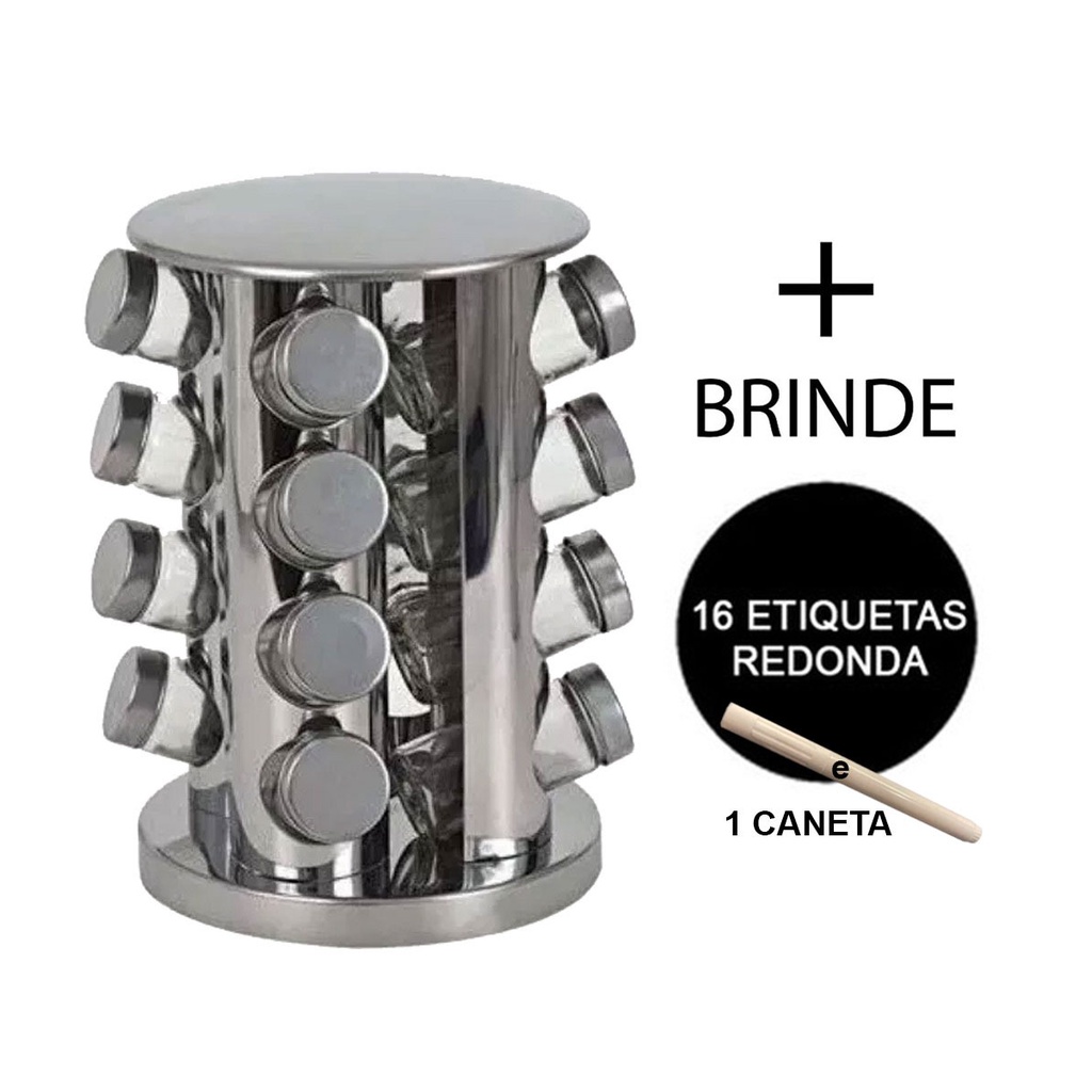 Porta Tempero 16 Potes Giratório Redondo Inox + Etiquetas e Caneta