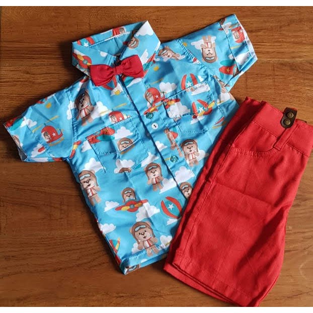Conjunto Infantil Menino Masculino - Urso Aviador - Bermuda com Suspensório + Camisa Temática + Gravata