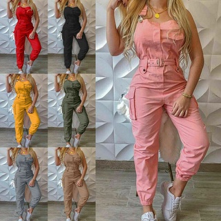 Macacão macaquinho jardineira de carga longo feminino com bolsos no cinto e alça de ombro ...