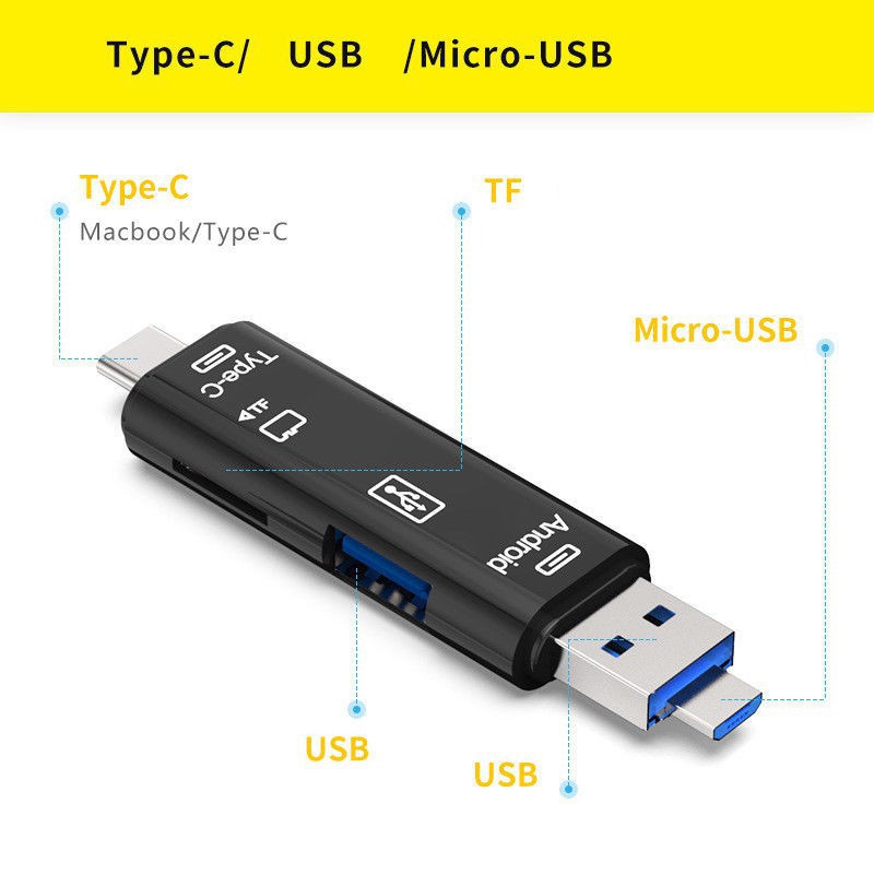 5 in 1 Type-c,Micro,TF,OTG,USB 2.0 Adapter SD Card Reader/Usb 3.1 Memory Card  Reader/Compatible with Laptop Android IOS | Shopee Brasil