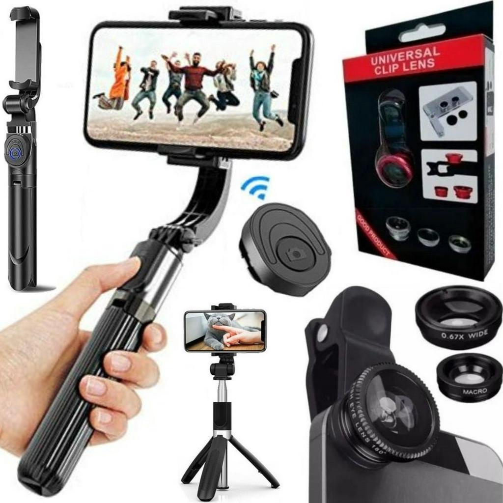 Kit Tripé 3 Em 1 Bastão Controle Estabilizador Celular + 3 Lentes Video Filmagem