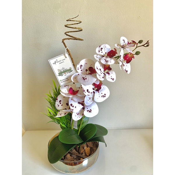 Arranjo completo de Orquídea 3D Silicone Realista com Vaso Terrário de vidro Dourado