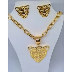Kit Conjunto Colar Corrente + Brincos Com Pingente Onça Folheado Ouro 18k Elos Tigre Tendência Presente