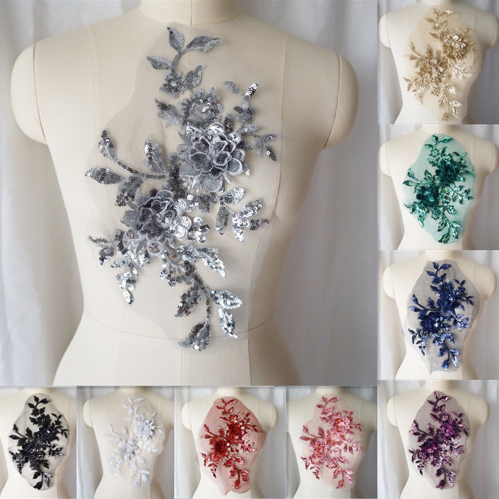 Lantejoulas Bordado Flor Apliques Renda Tecido Guarnição Malha Colar Casamento Vestido De Noiva Costura Remendo Festa De