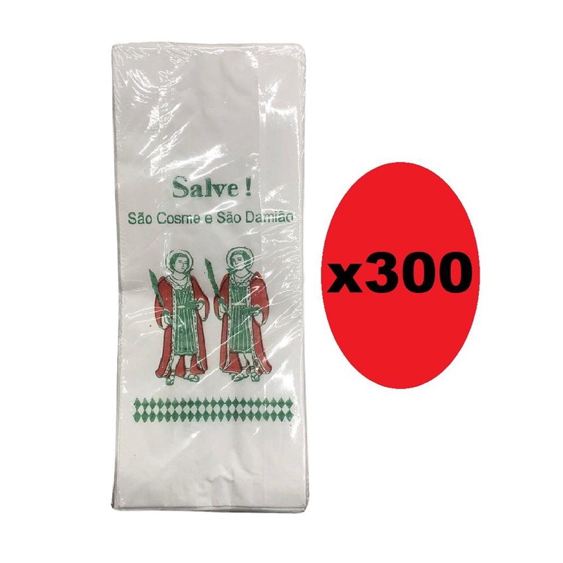 Kit 300 Sacolas de Papel Branca 9x27cm p/ Sao Cosme e Damiao