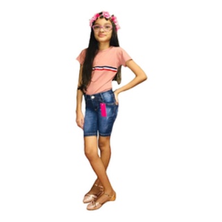 Bermuda Feminino Infanto juvenil Jeans Com Licra Azul Liso e puído 4