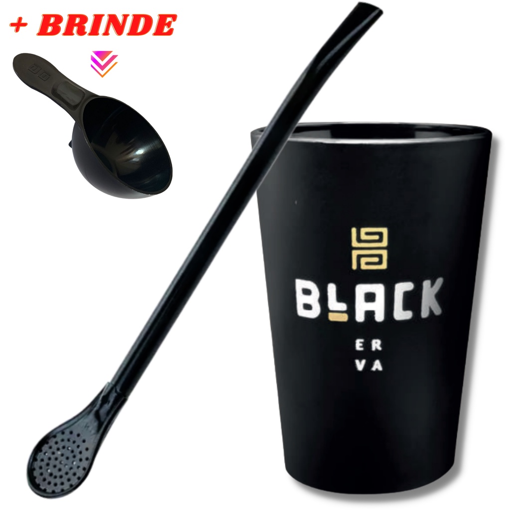 Kit Para Tereré Copo Caldereta Preto e Bomba Clássica Preta Black Erva Mate Tereré + Brinde