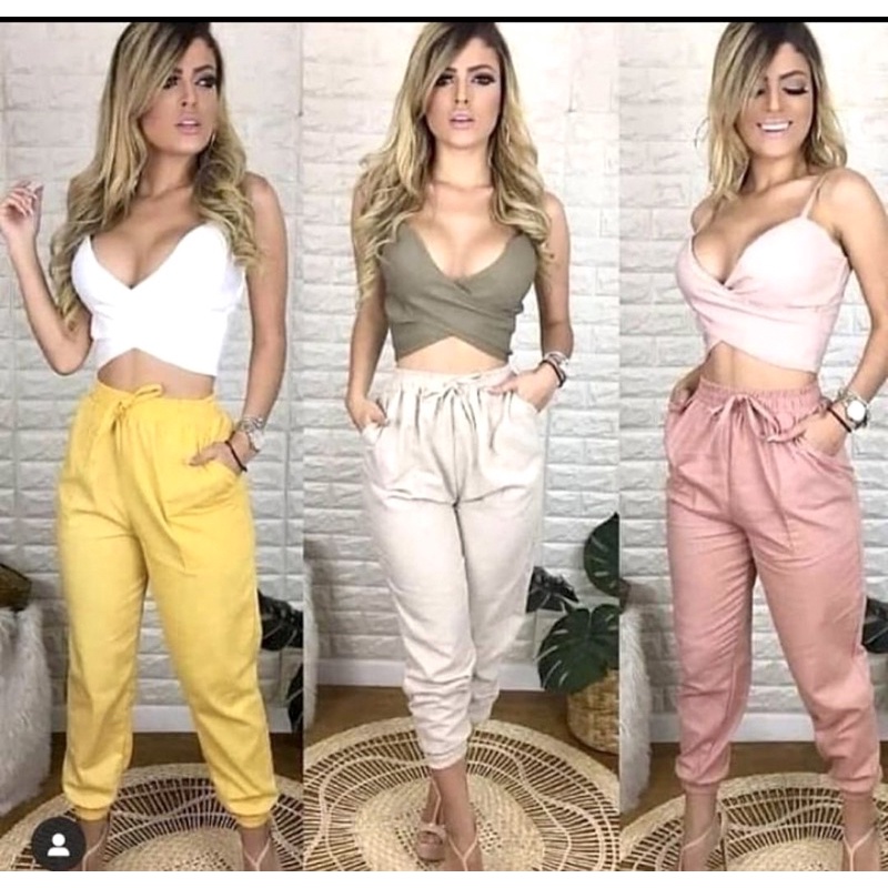 Calça Jogger Linho Feminina Com Bolso Cordão Tendência Moda Super Envio!!