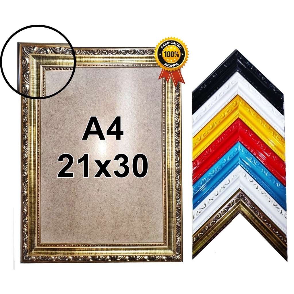Moldura Quadro A4 21X30 em Madeira Trabalhada de Qualidade com vidro e Fundo Eucatex