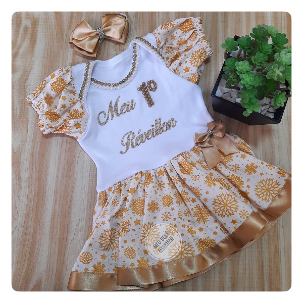 Vestido Bordado De Luxo Infantil Feliz Ano Novo Body Meu Primeiro Reveillon Bebê Menina Réveillon