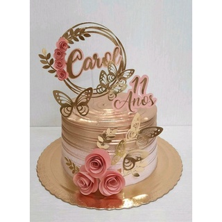 Topo Topper de Bolo 3D Parabens com Flores Borboletas - Personalizado Fazemos Todos e Qualquer Modelo