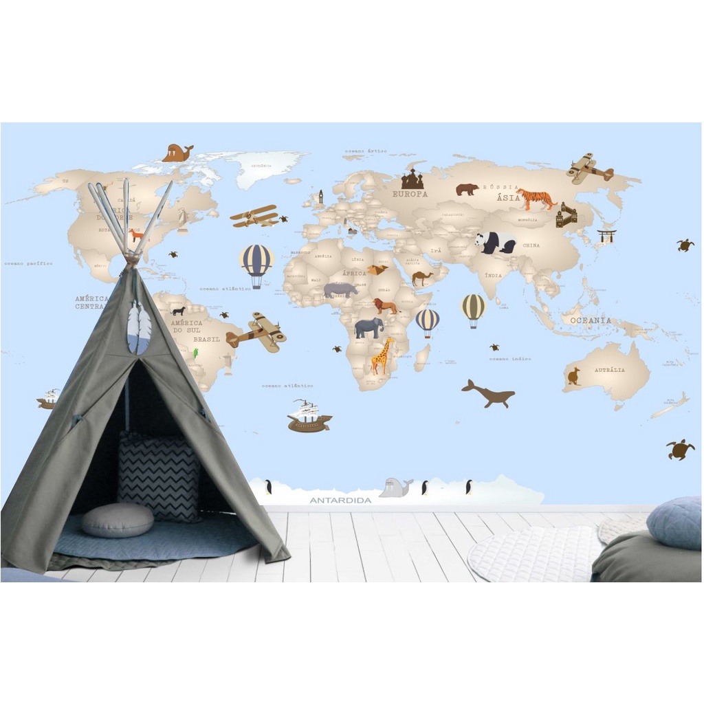 Papel de parede Mapa mundi Azul barco animais M2
