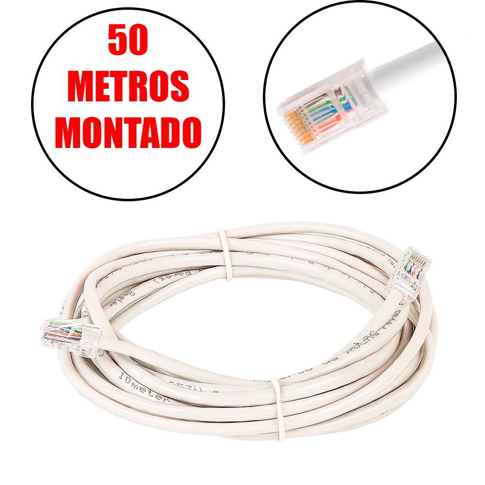 Cabo Rede Cat5e Branco 50m Metro Internet Net Lan Utp Montado Crimpado Com Conectores
