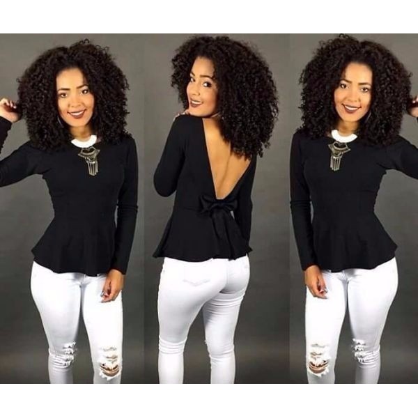 Roupas Femininas Blusa Peplum Babado Costa Nua Com Laço Moda
