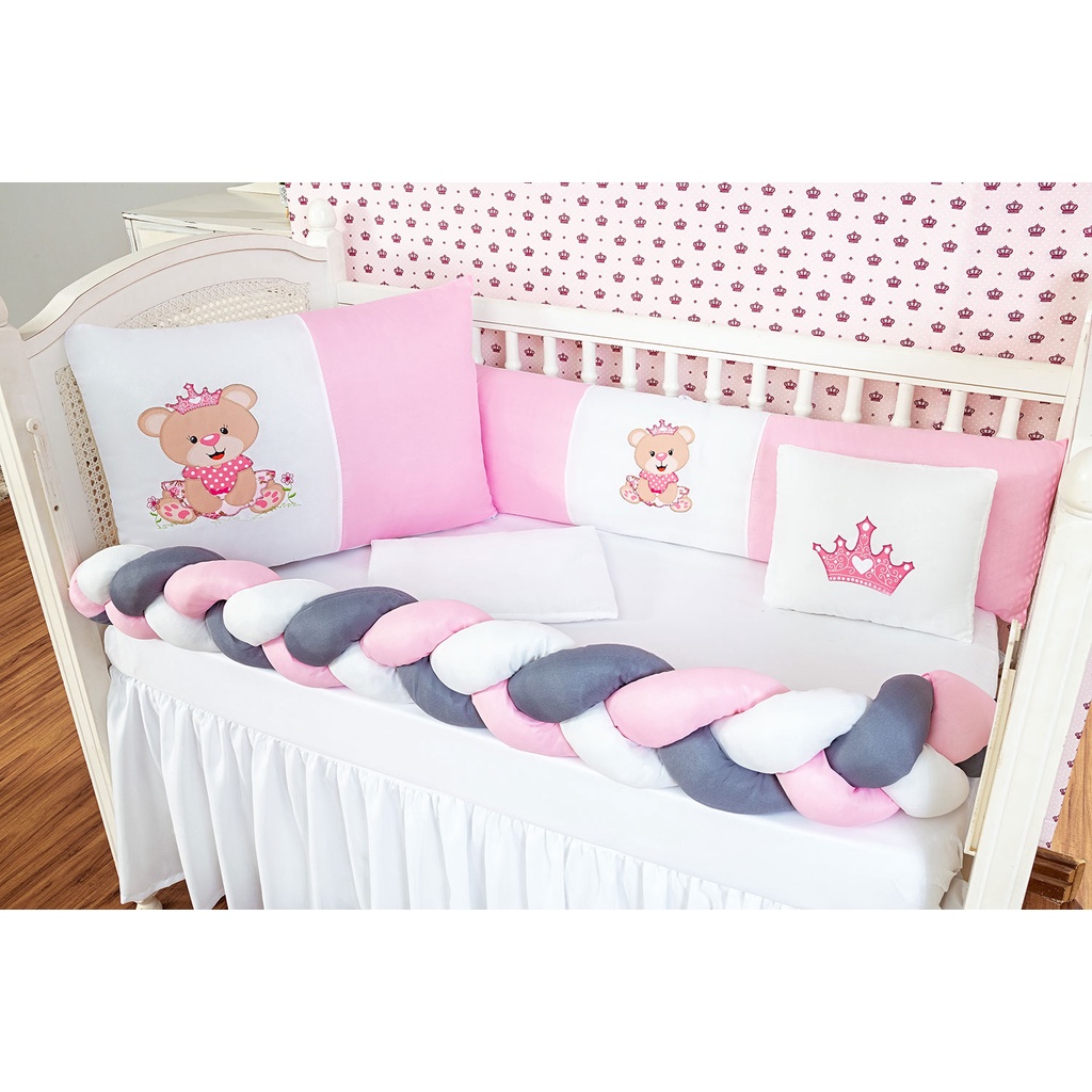 Kit Berço Trança Urso Coroa Rosa Menina Americano Com Lençol e Naninha 7 Peças Baby GOLD BABY
