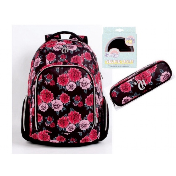 Kit Mochila + Estojo Duplo Capricho Girl Gang Flores Preta Referência 11322 E 11326 DMW