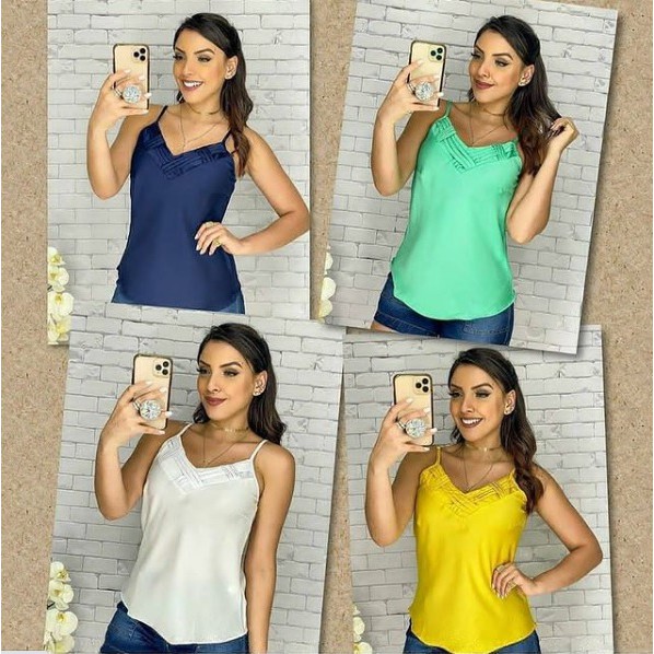 Blusinha Regatinha Alcinha Regulável Crepe Feminina