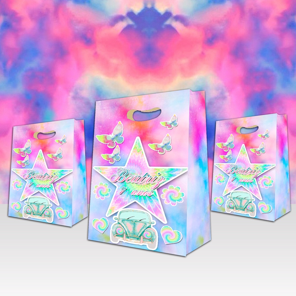 10 Sacolinhas Tie-Dye Sacolas tie dye Surpresa Lembrancinhas para Aniversário Personalizadas com nome e idade