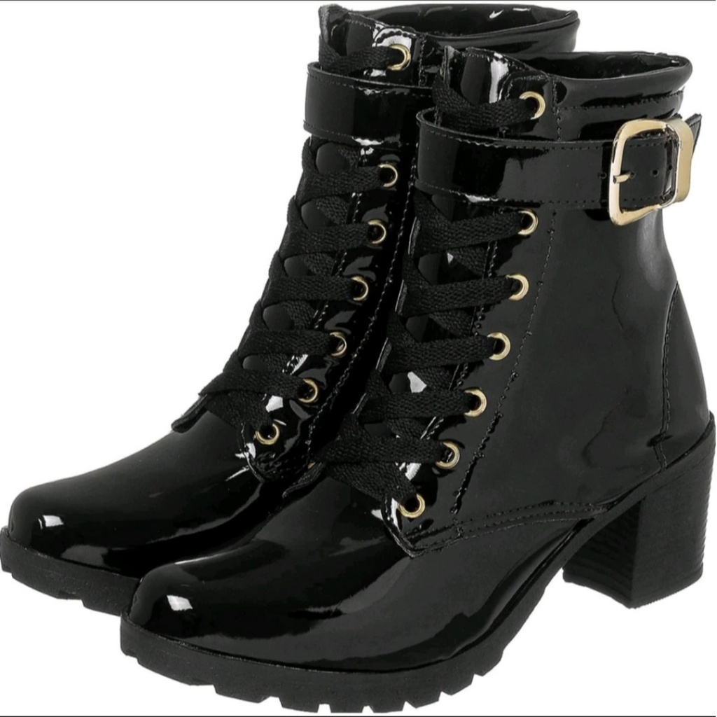 Coturno Botinha Cano baixo Fivela Preto Verniz