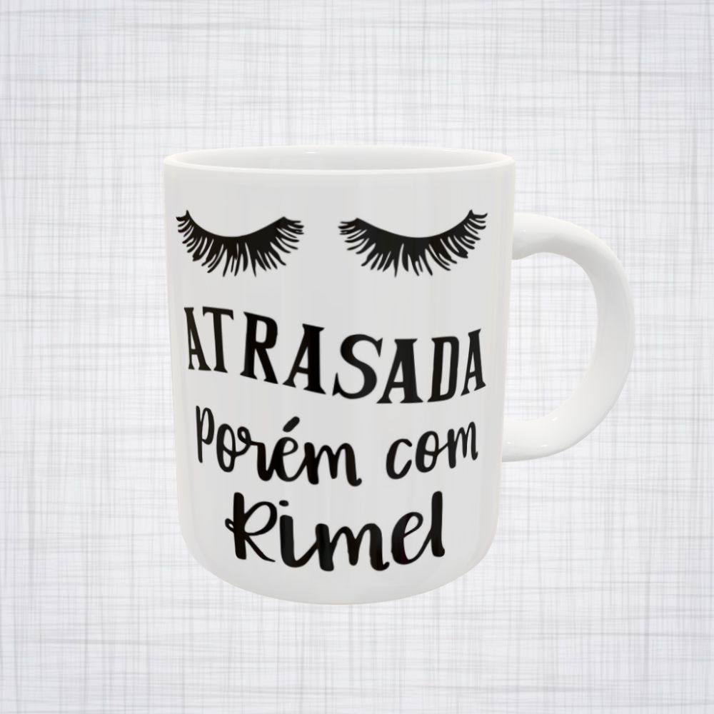 Caneca Porcelana Atrasada Porém com Rímel caneca de maquiagem presente para maquiadora