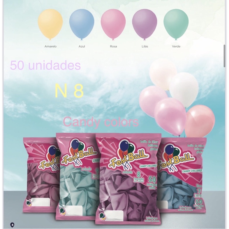50 UNID BALÃO N 8 CANDY COLORS 5 CORES PASTEL BEXIGA CORES BEBÊ// em Oferta na Shopee