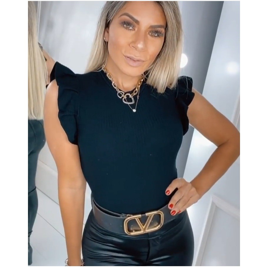 blusa feminina manga curta babado malha canelada tendencia