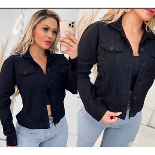 Jaqueta jeans preta com barra/sem e botões forrado