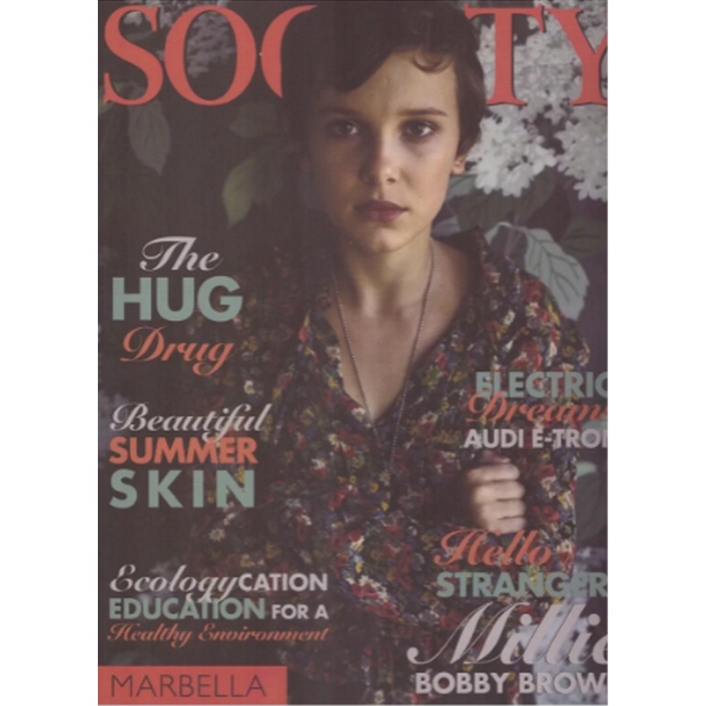 REVISTA SOCIETY, DE MAIO DE 2019, COM MILLIE BOBBY BROWN NA CAPA.