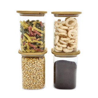 Kit 4 Potes De Vidro P/ Mantimentos 1100ML C/ Tampa Bambu