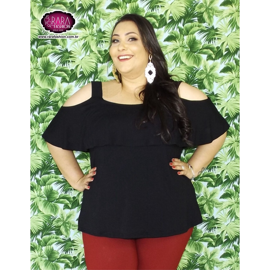 Blusa Bata Cigana Preta com Alacinha Babado Plus Size g4 ao g6