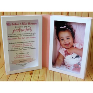 Caixa convite para padrinhos de batismo com foto rosa acompanha mini terço - escolher texto no chat em Oferta na Shopee