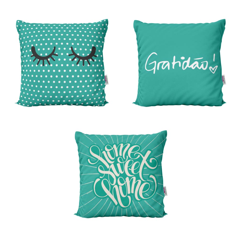 Almofadas Azul Turquesa Gratidão Home Sweet Home Para Sofá  40x40 - Novadecora