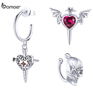 (1 Peça) Bamoer 925 Sterling Silver Earring Skull Butterfly Devil Wings Love Sword Stud Cristal Vermelho SCE1178