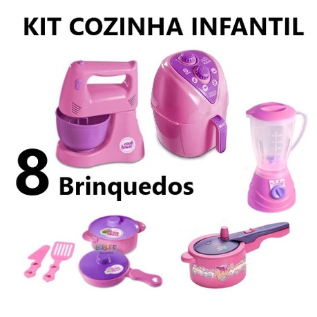 Kit Cozinha Infantil com 8 Brinquedos Liquidificador, Batedeira, 2 Panelinhas e Panela de Pressao e AirFryer